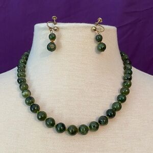 Vintage 1960s Green Beaded Necklace and Earring Set